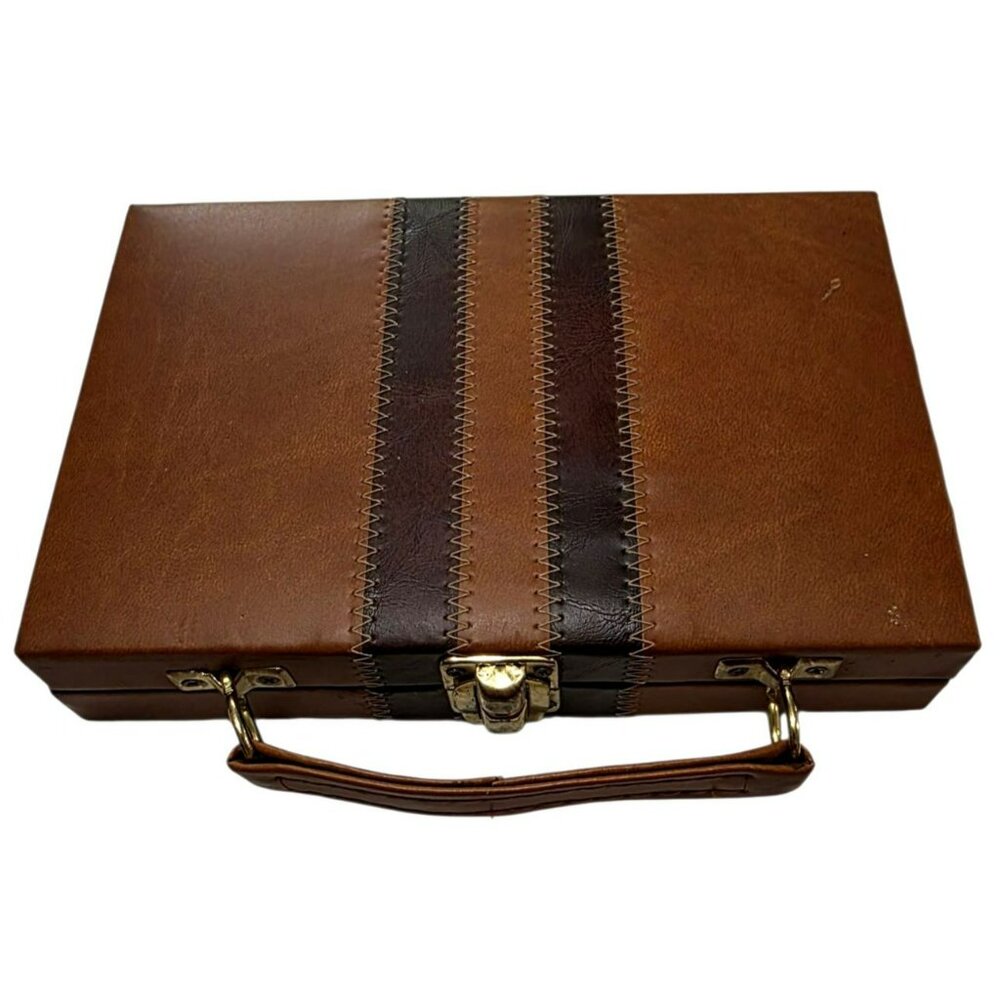 Vintage Domino Set Leatherette Case 28 Heavy Tiles Brass Spinner Travel Game - Picture 7 of 9
